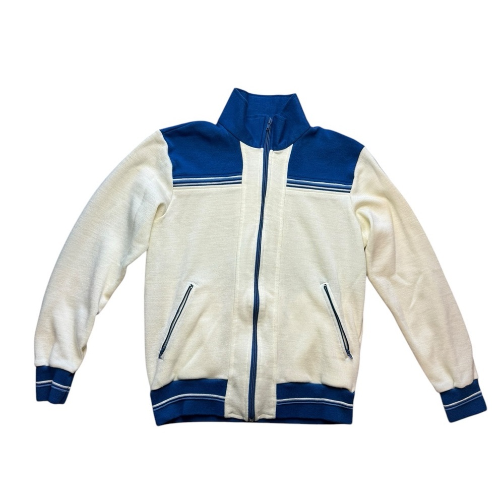 WINNING WAYS 1970s CREAM BLUE KNIT ZIPPER TRACK JACKET JAPAN SZ Medium M​